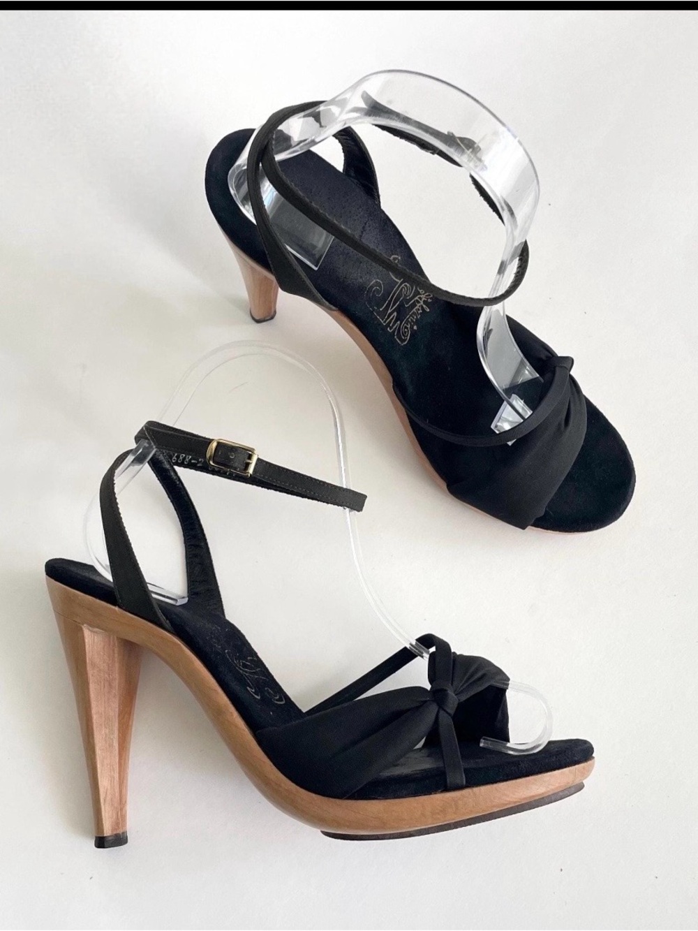 Black Knot Front High-Heel Sandals with Wood-Tone Heel